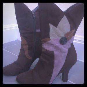 Brown/Multi Floral Faux Suede Zip Boots